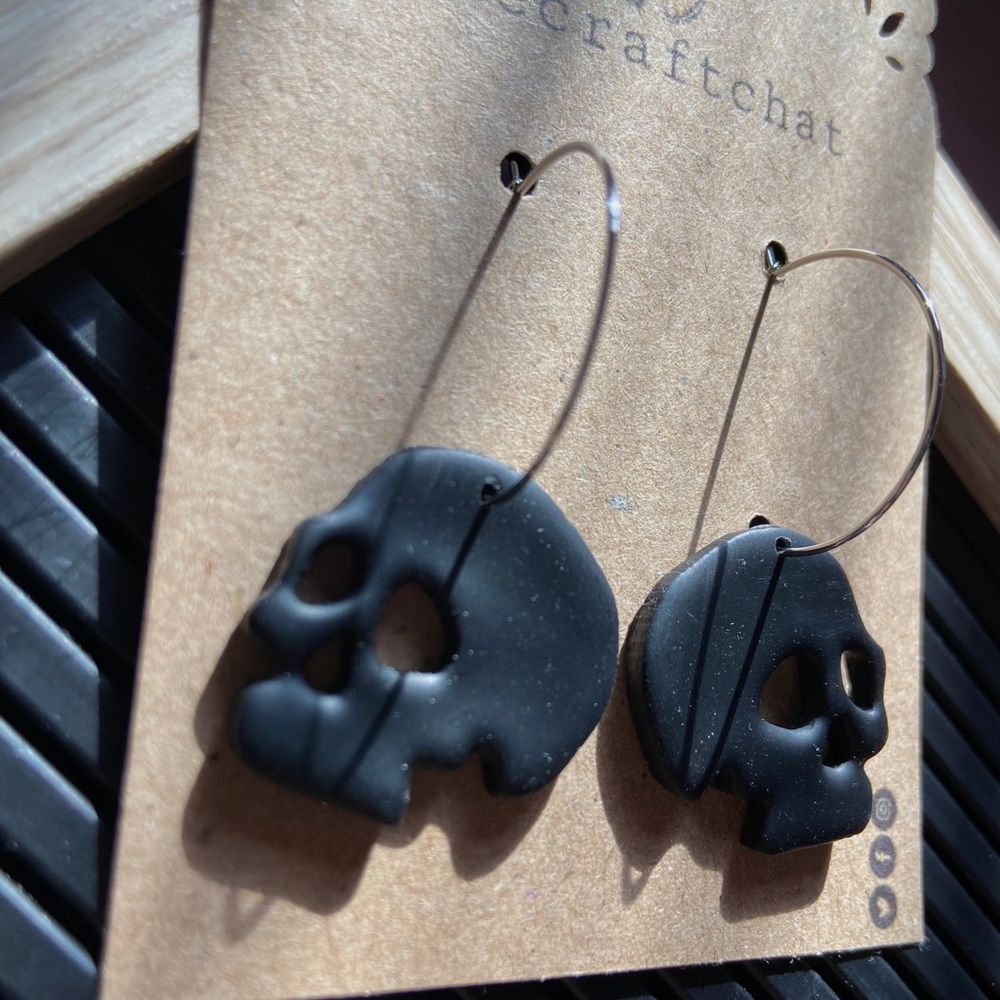 Black skull hoop polymer clay earrings